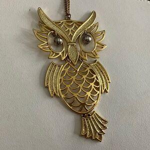 Vintage Owl Pendant Necklace Gold Tone Articulated 1970s
